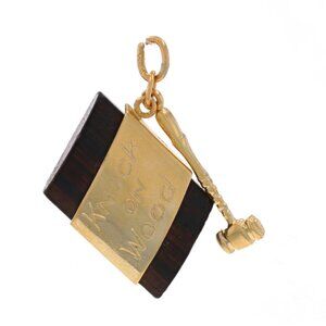 Yellow Gold Knock on Wood Charm - 14k Wooden Block & Gavel